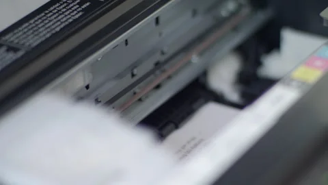 Close up detail of inside working Epson printer while printing Stock Footage 274614961