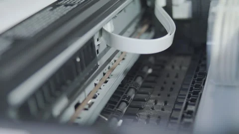 Close up detail of inside working Epson printer while printing Stock Footage 274616462