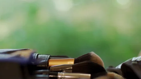 Close up detail of make up brushes in slow motion, Portugal Stock Footage 129067747
