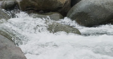 Close up detail of river water current flowing through river rocks in slow Vidéo 240952163
