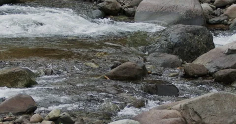Close up detail of river water current flowing through river rocks in slow Stock Footage 240952847