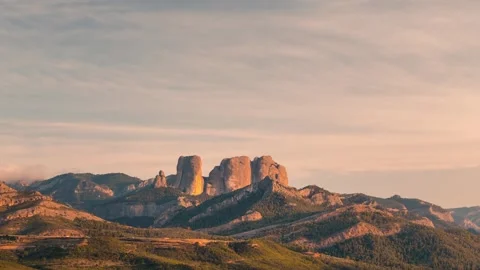 Close up detail shot of Roques de Benet during sunset in Parc National Stockbeeldmateriaal 284723494