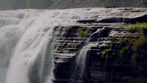 Close Up Detail Side Rocks of Upper Falls in Letchworth State Park Slow Motion Stock Footage 241046260