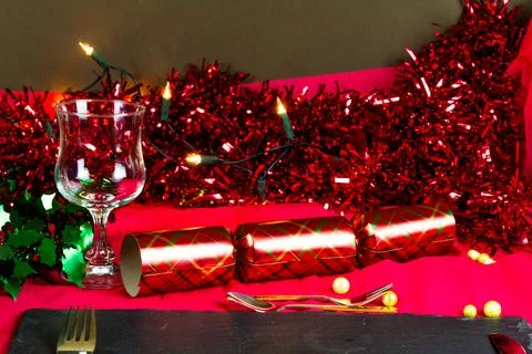 Close up detail Table place set for Christmas with decorations. Stock Photos