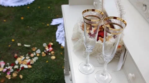 Close up of detail on wedding breakfast dining table setting with champagne Stock Footage 49836147