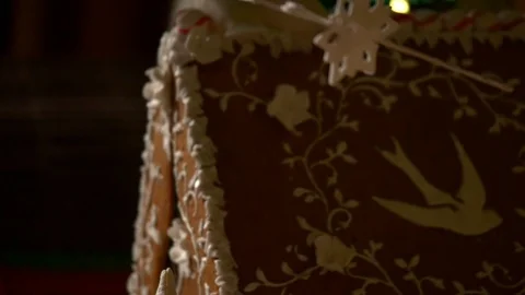 Close up of a detailed, decorated ginger bread house. Stock Footage 100649292