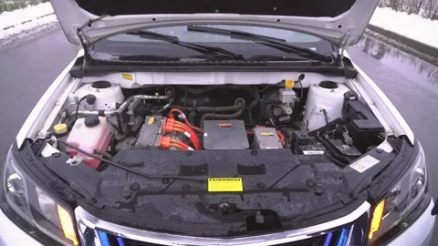 Close up detailed view of the broken electric car engine. Electric equipment of Stock Footage 148233148