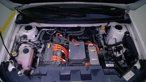 Close up detailed view of electric car engine in factory. Electric equipment of Stock Footage 144122575