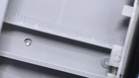 Close up detailed view of flatbed scanner internal mechanism with measureme.. Stock Footage 334571311