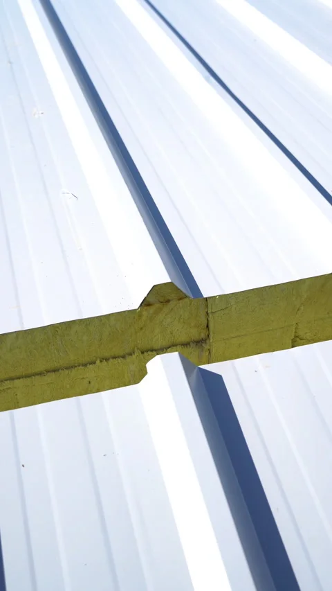 A close-up detailed view of the installed sandwich panel on the roof Stock Footage 335795707