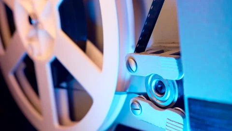 Close-up detailed view of working process retro old-fashioned 8mm projector Stock Footage 170385381