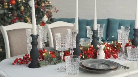 Close up of a details on a beautiful table served for Christmas dinner. Stock Footage 142572663