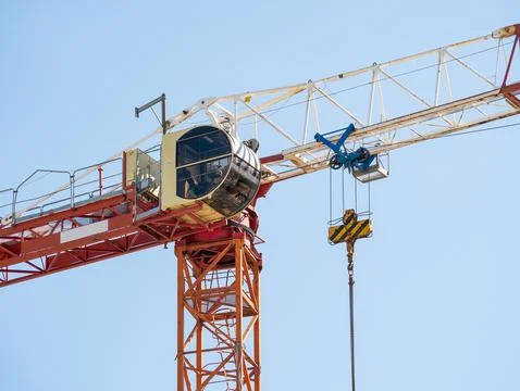 Close up details with a cabin control of a construction crane.Turret Slewing Stock Photos