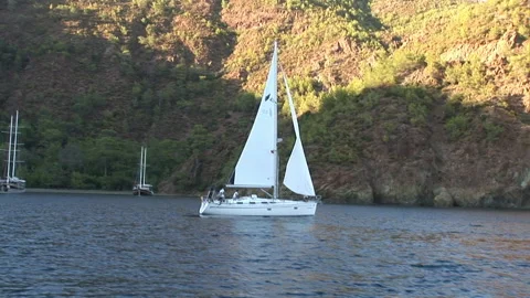 Close up details of deck and white sail of moving sailing yacht. Stock Footage 155150089
