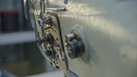 Close up of details of leather sewing machine on leather factory. Stock Footage 123414070