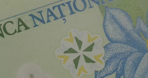 Close up details of the romanian 1 leu banknote currency Stock Footage 345519982