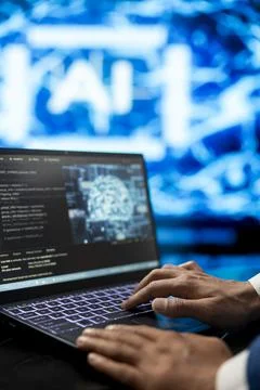 Close up of developer typing on laptop, writing machine learning code Stock Photos