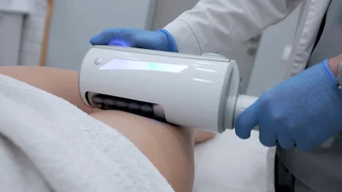 Close-up of the device massaging the buttocks and legs of a young woman. The Stock-Footage 230183632