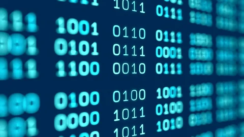 Close-up device screen with digital binary code, partially blurred. Stock Footage 311161969