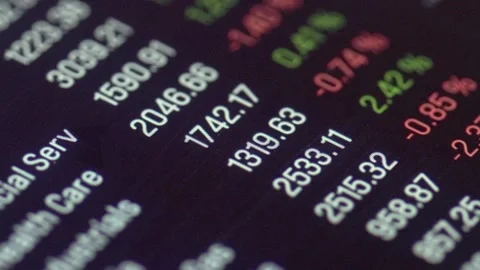 Close-up device screen with stock market data and trading information, charts Stock Footage 341345436