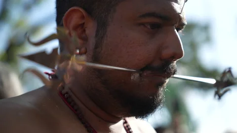 Close-Up Devotee With Pierced Cheeks During Penang Thaipusam Hindu Festival Stock Footage 234047306