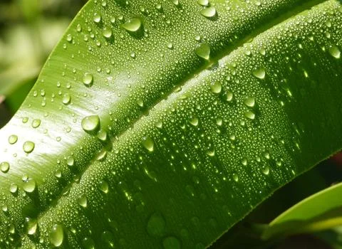 Close-Up of Dew Droplets on Large Green Leaf Stock Photos