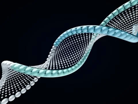 Close up of a diagonal DNA chain against a black background. 3D rendering Stock Illustration