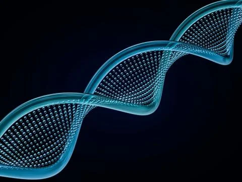 Close up of a diagonal DNA chain against a black background. 3D rendering Illustrazione stock