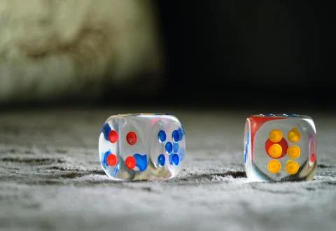 Close-up of dice made of transparent plastic Foto stock