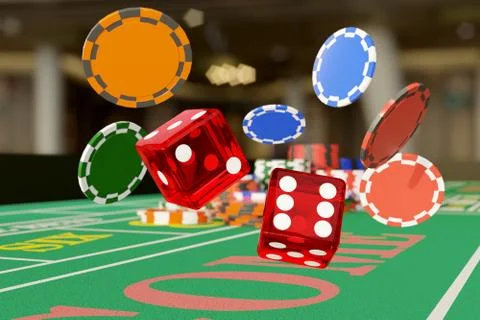 Close up of dice rolling and chips on a craps table. Gambling concept. 3d ill Stock Illustration