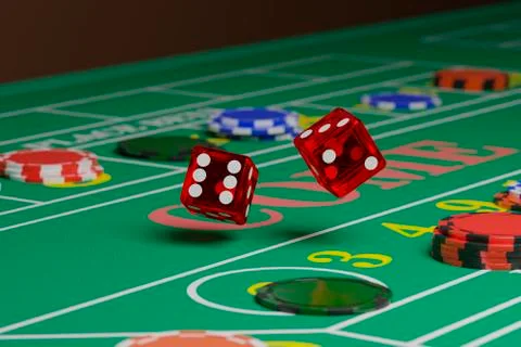 Close up of dice rolling on a craps table. Random concept. 3d illustration. Stock Illustration