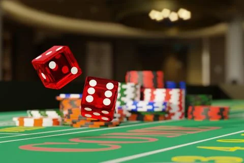Close up of dice rolling on a craps table. Gambling concept. 3d illustration. Stock Illustration