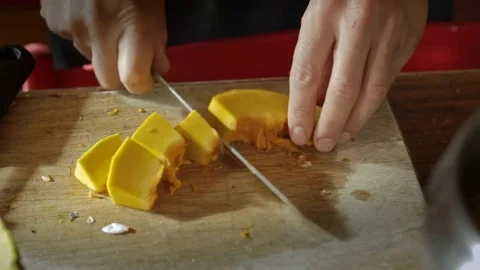 Close up of dicing pumpkin Stock Footage 72818879