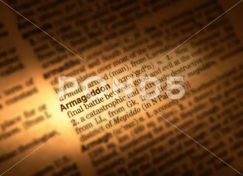 CLOSE UP OF DICTIONARY PAGE SHOWING DEFINITION OF THE WORD ARMAGEDDON Stock Photos