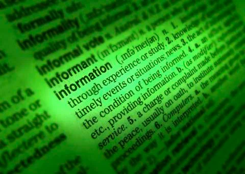 CLOSE UP OF DICTIONARY PAGE SHOWING DEFINITION OF THE WORD INFORMATION Stock Photos