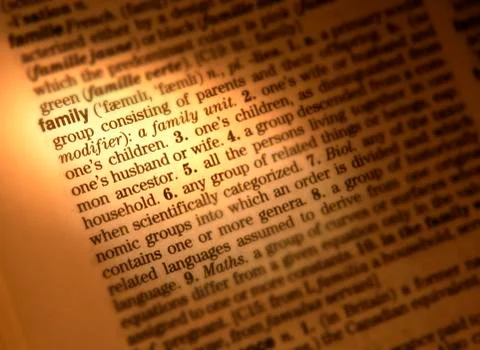 CLOSE UP OF DICTIONARY PAGE SHOWING DEFINITION OF THE WORD FAMILY Stock Photos