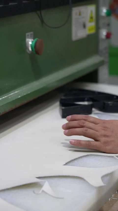 Close Die Cutting Worktable Process in Footwear Factory Vertical Stock Footage 340182307