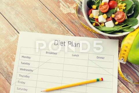 Close Up Of Diet Plan And Food On Table