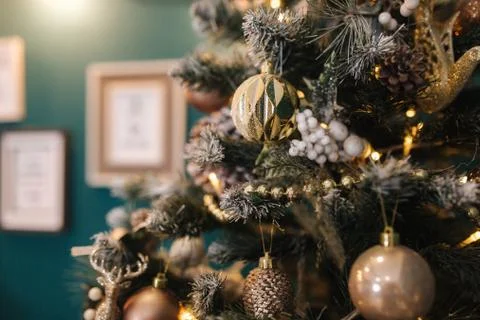 Close up of different elements of decor for Christmas. New Year concept 스톡 사진
