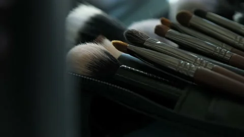 Close-up of different make-up brushes. Make-up artist tools. Cosmetics kit. Stock Footage 199839670