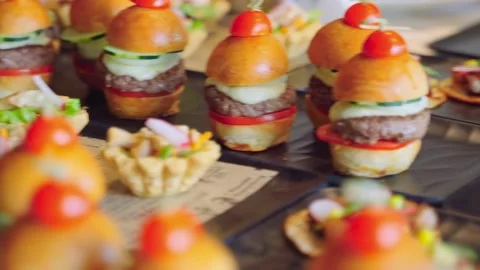 Close-up of different snacks with meat, vegetables, herbs, burgers and canapes Stock Footage 202577984