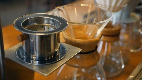 Close-up of different stuff for preparation of delicious coffee in cafe Stock Footage 121870034