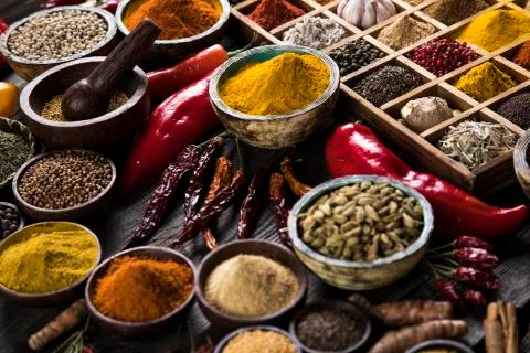 Close-up of different types of Assorted Spices in a wooden box Free Stock Photos