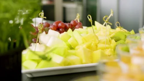 Close-up of different types of fruits on a buffet table. A dessert table. Stock Footage 277404358