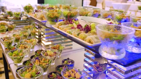 Close-up of different types of salads in small bowls on a buffet table. Stock-Footage 300347668