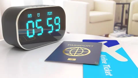 Close-up digital alarm clock against window in the hotel room win sun flare Stock Footage 161468692