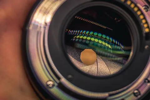 Close-up of a digital camera lens mount and aperture inside. Stock Photos