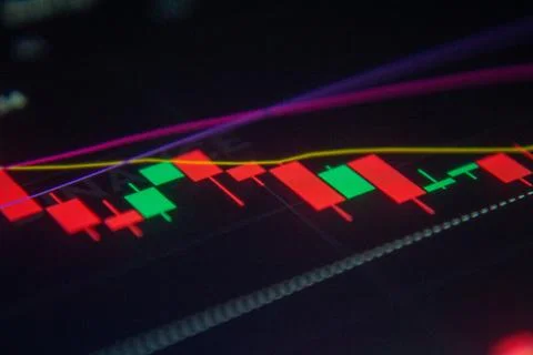 A close-up of a digital candlestick chart showing market trends in red and .. Stock Photos