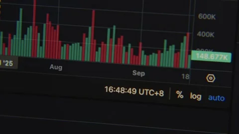 Close-up of a digital candlestick chart on a trading platform screen showing Stock Footage 317952328