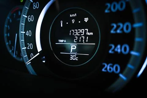 Close up of digital car dashboard odometer showing mileage Stock Photos